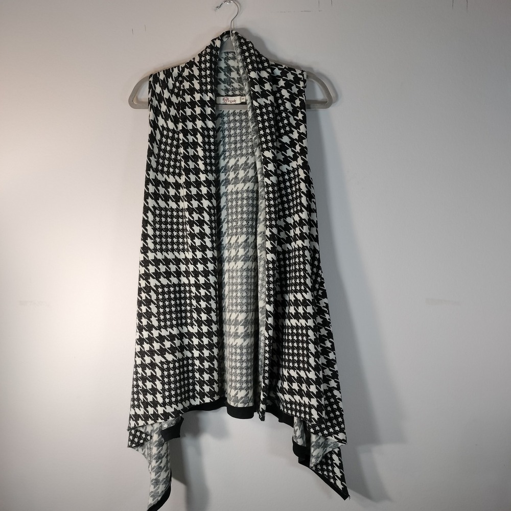 Aryeh Womens Black White Houndstooth Open Front Draped Knit Vest Small